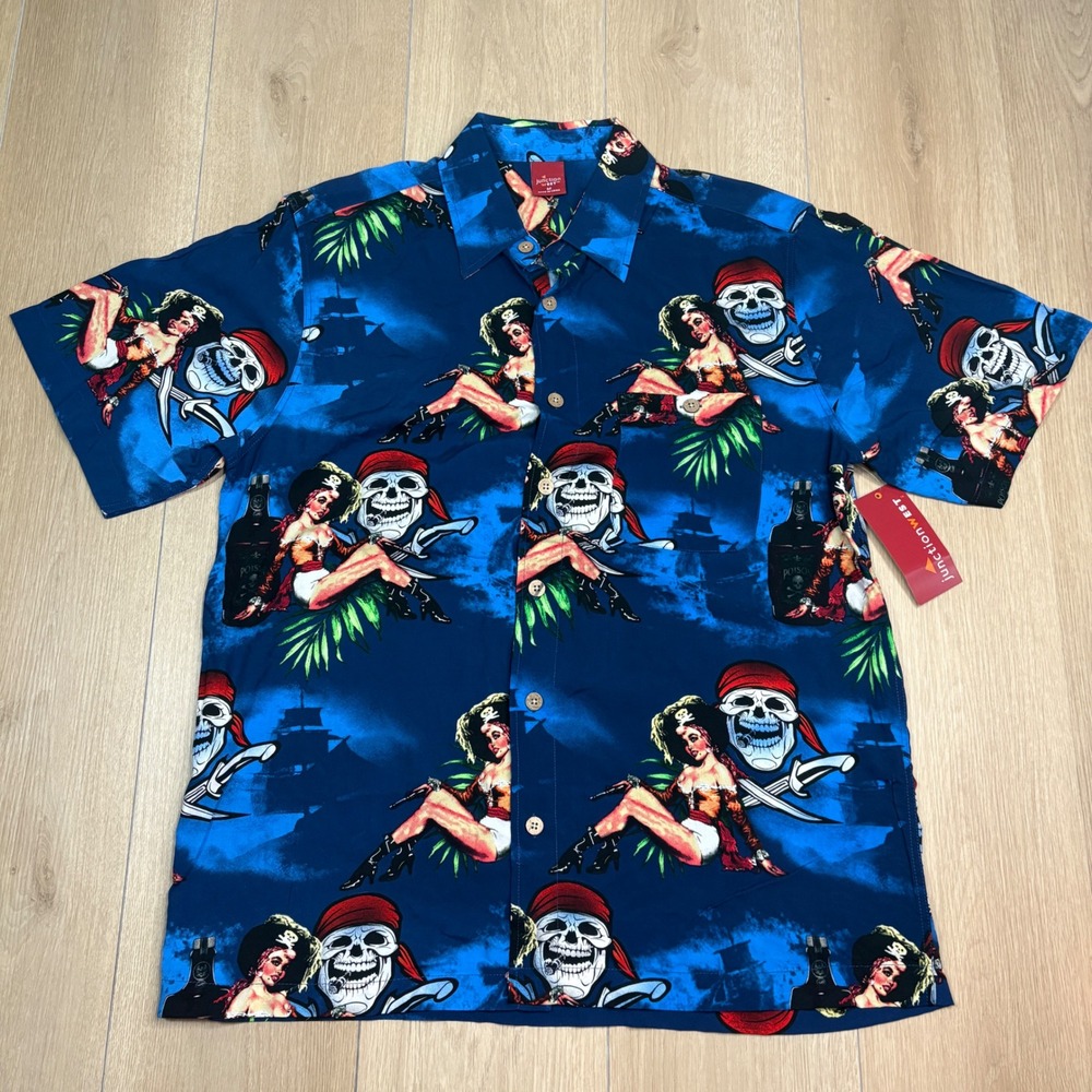 Junction West Pirate Pinup Girl Skull Button Down Shirt Blue Medium Gasparilla